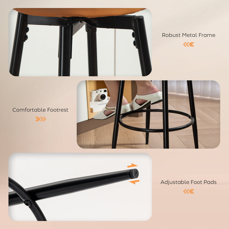Pair of Adjustable Faux Leather Bar Stools with Footrest for Home Bar or Kitchen, Brown Seat With Black Legs