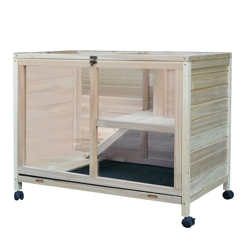 Indoor Wooden Guinea Pig Hutch with Two Levels Ideal for Small Pets, Natural Wood