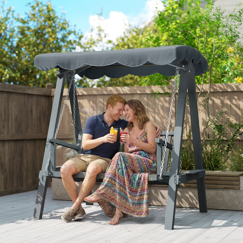 Grey Wooden Garden Swing Seat for 2 Adults with Water Resistant Canopy and Wooden Frame Outsunny