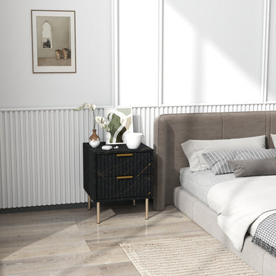 Black Two Drawer Bedside Table with Gold Legs Elegant Design by HOMCOM