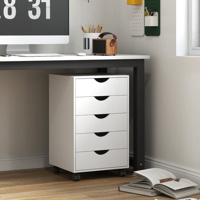 White 5 Drawer Mobile Filing Cabinet with Wheels for Office Storage by Outsunny AOSOM