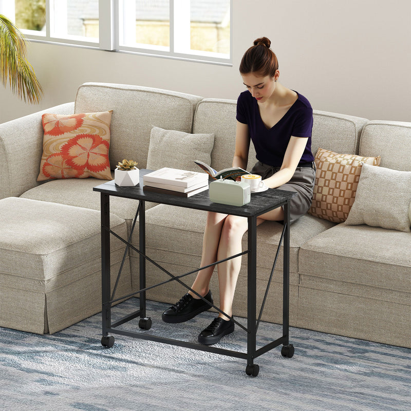 Black 80cm Folding Desk on Wheels for Home Office or Study Space Saving Design