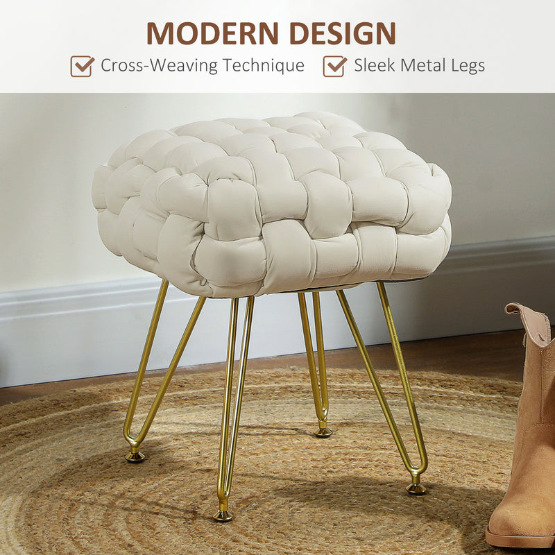 Cream White Velvet Feel Woven Square Footstool With Gold Legs Stylish and Comfortable by HOMCOM