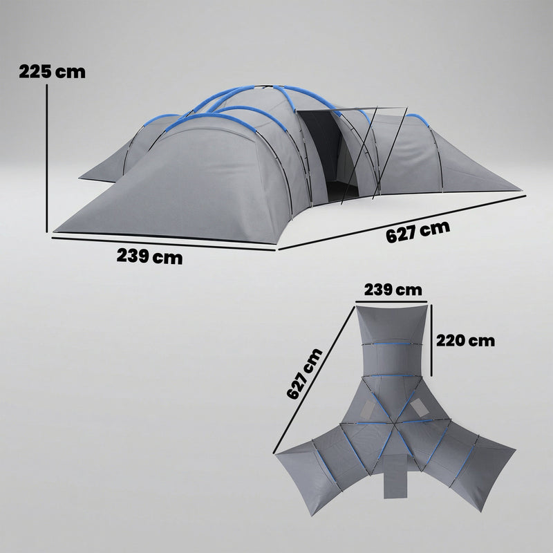 6-9 Person Tunnel Camping Tent With 3 Bedrooms, Living & Porch, Light Grey