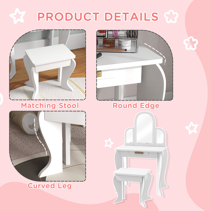 Kids Dressing Table Set With Mirror and Storage Drawer Ideal for Bedroom Playtime White