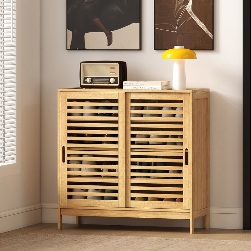 Hallway Shoe Cupboard with Sliding Louvered Doors, Recessed Handled, Adjustable Shelves, Natural