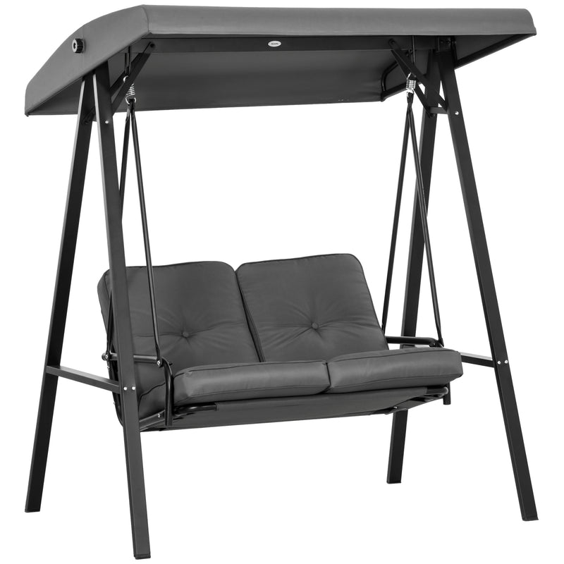 Dark Grey 2 Seater Garden Swing Bench With Adjustable Canopy For Shaded Relaxation