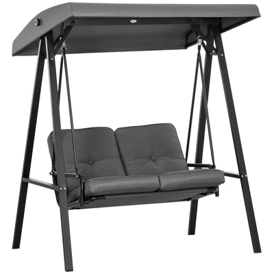 Dark Grey 2 Seater Garden Swing Bench With Adjustable Canopy For Shaded Relaxation