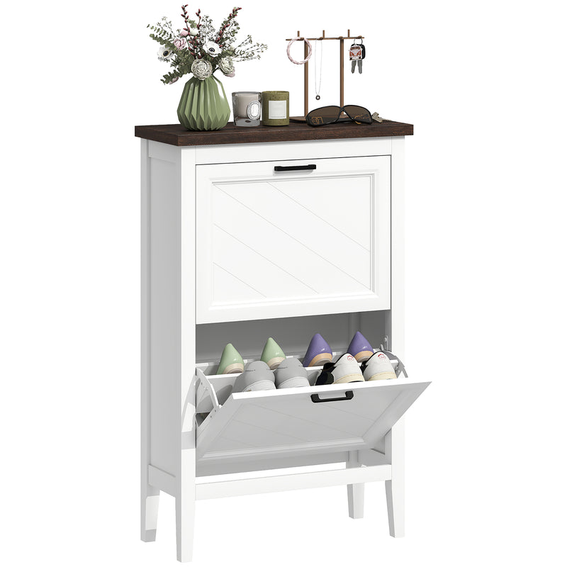 Slim Shoe Storage Cabinet for Hallway Organisation with Flip Drawers and Adjustable Shelves White Homcom