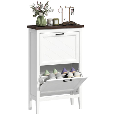 Slim Shoe Storage Cabinet for Hallway Organisation with Flip Drawers and Adjustable Shelves White Homcom