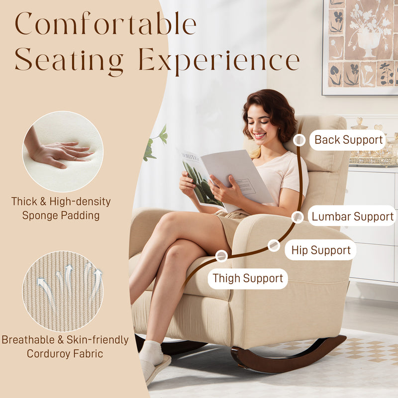 Modern Corduroy Rocking Armchair With Cushioned Seat For Living Room Comfort Beige