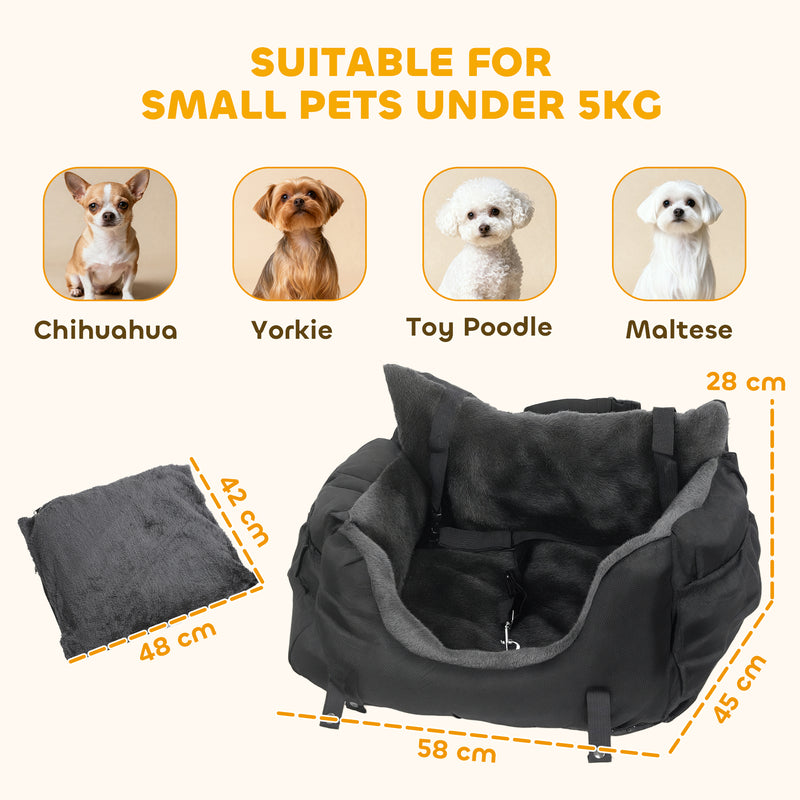 Dog Car Seat For Small Dogs With Safety Leash And Washable Cover For Travel, Black
