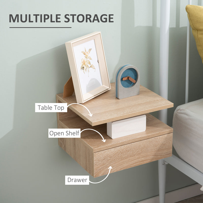 Set of Two Wall Mounted Bedside Tables with Storage Shelves Space Saving Oak Finish