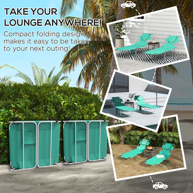 Green Foldable Sun Lounger Set of 2 with Reading Hole and Adjustable Backrest for Garden