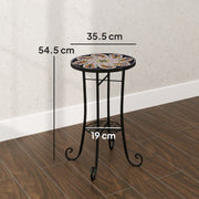 Small Round Mosaic Garden Table with Shelf Ceramic Tile Top for Outdoor and Indoor Use by Outsunny