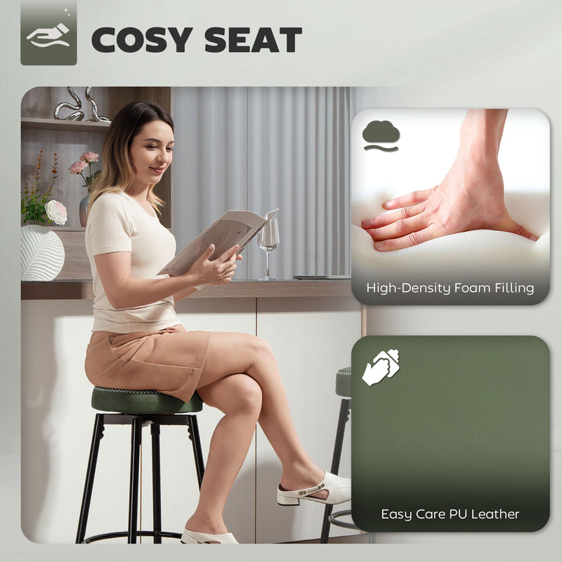 Set of 2 Adjustable Faux Leather Bar Stools with Footrest for Kitchen Counter, Green Seat With Black Legs