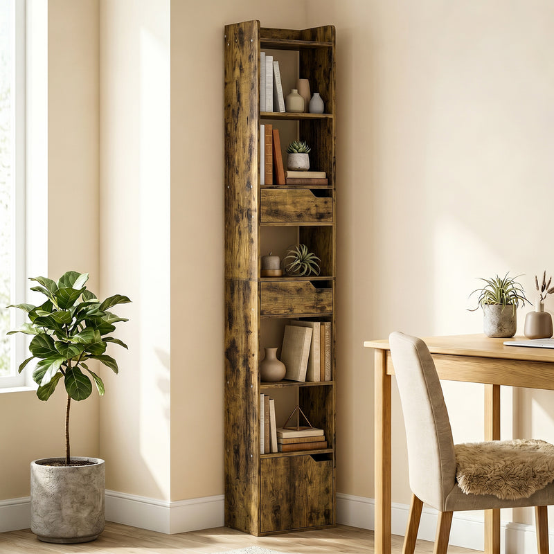 Slim Bookcase with Shelves Drawers and Cabinet for Small Spaces Rustic Brown
