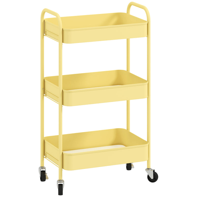 Three Tier Steel Storage Trolley With Wheels For Kitchen Or Office Use, Yellow