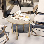 Beige 60cm Round Garden Side Table with Tempered Glass Top and Steel Frame