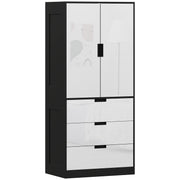 Modern 2 Door Bedroom Wardrobe with Hanging Rail and 3 Storage Drawers, High Gloss White