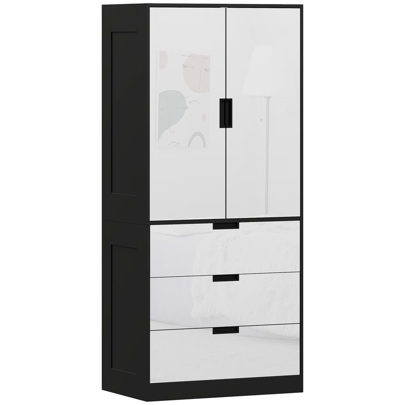 Modern 2 Door Bedroom Wardrobe with Hanging Rail and 3 Storage Drawers, High Gloss White