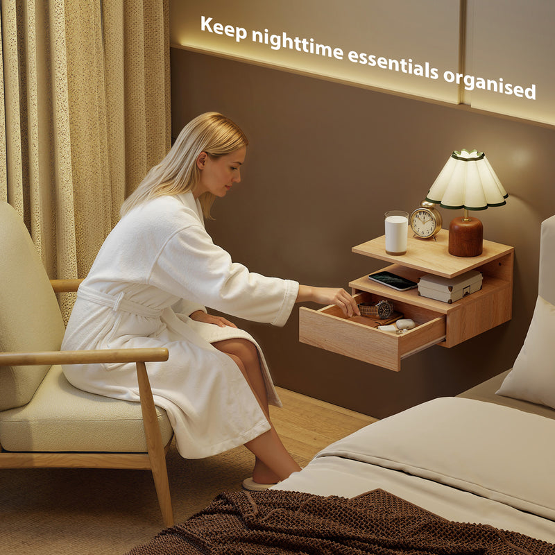 Set of 2 Floating Bedside Tables with Drawer and Shelf for Space Saving Storage Oak AOSOM