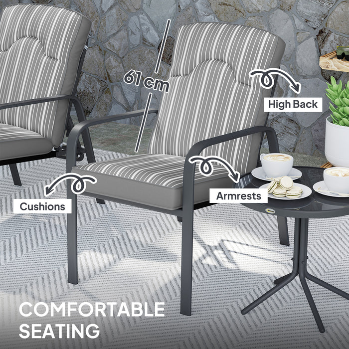 Grey 3 Piece Garden Bistro Set with Recliner Chairs and Cushions by Outsunny