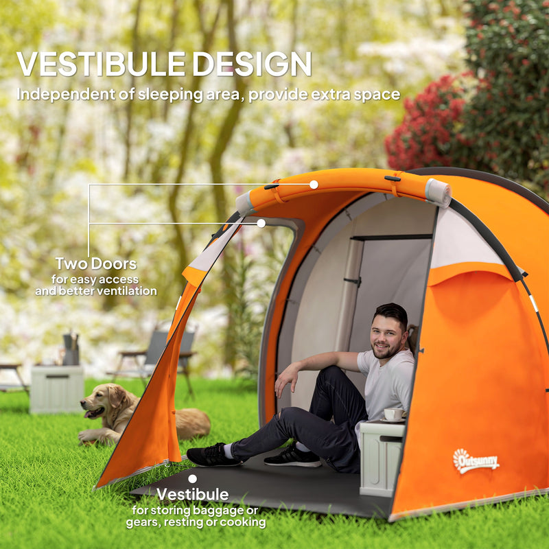 3 Person Camping Tent with Separate Porch for Extra Storage and Easy Access Orange