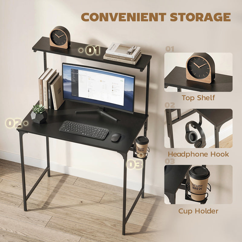 Computer Desk with Shelves and Cup Holder for Small Spaces Black AOSOM