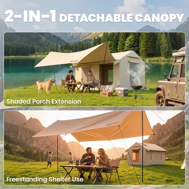 Waterproof Inflatable Camping Tent With Detachable Awning, 6-8 Person, Khaki