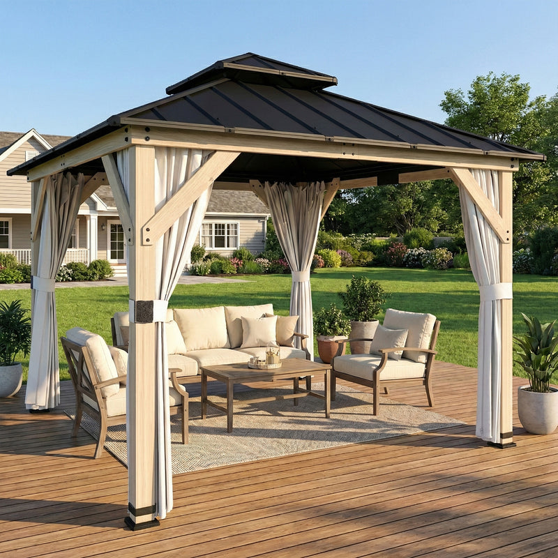 Wooden Garden Gazebo with Steel Roof for Year-Round Shelter and Privacy Weathered Grey