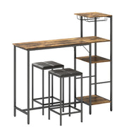 Breakfast Bar Table and Stools Set with Shelving and Glass Racks for Small Kitchens Rustic Brown AOSOM