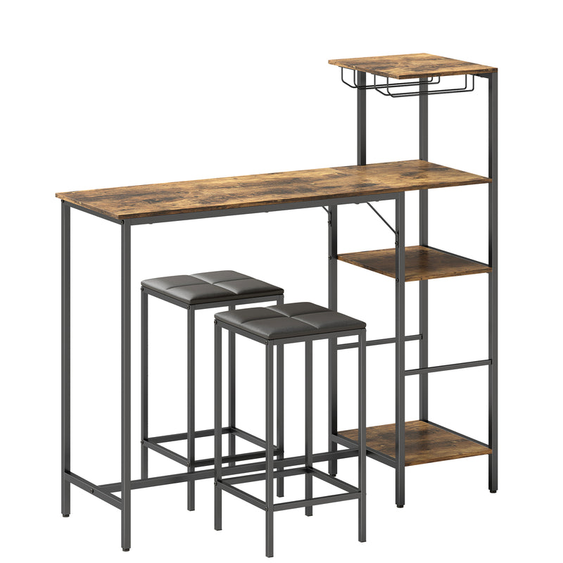 Breakfast Bar Table and Stools Set with Shelving and Glass Racks for Small Kitchens Rustic Brown AOSOM