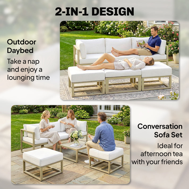 Garden Sofa Set with Daybed and Coffee Table for Flexible Outdoor Lounging, Cream White & Rose Gold Outsunny