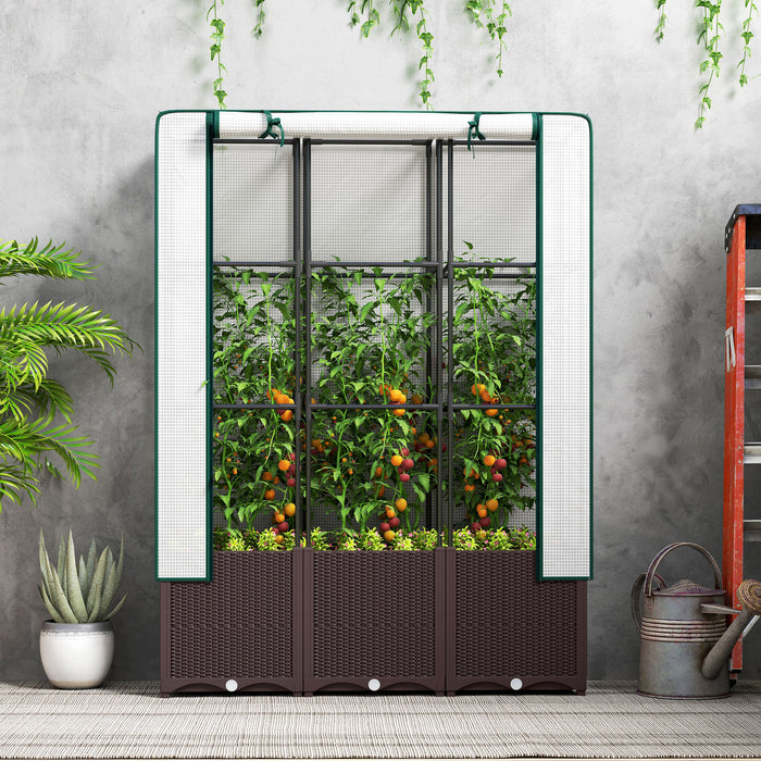 Raised Garden Bed with Trellis Plastic Planter Box with Drainage for Climbing Plants by Outsunny