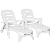 White 2 Piece Folding Sun Lounger Set With Wheels And 5 Position Reclining Backrest