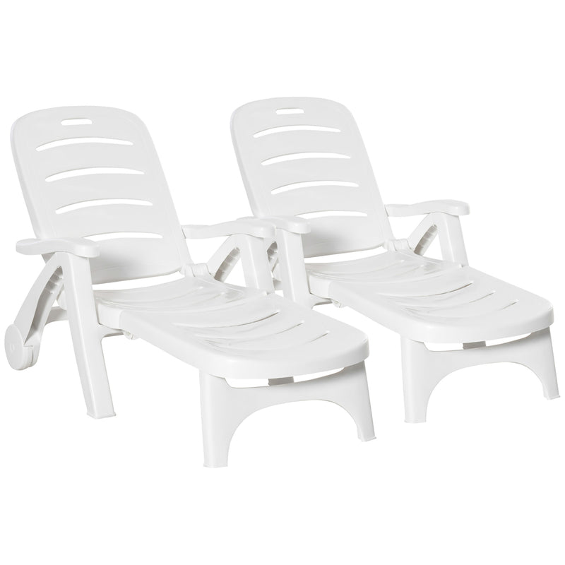 White 2 Piece Folding Sun Lounger Set With Wheels And 5 Position Reclining Backrest