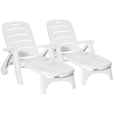 White 2 Piece Folding Sun Lounger Set With Wheels And 5 Position Reclining Backrest