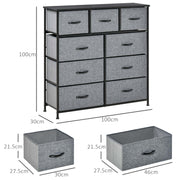 Nine Drawer Storage Dresser With Fabric Bins For Bedroom or Living Room, Grey