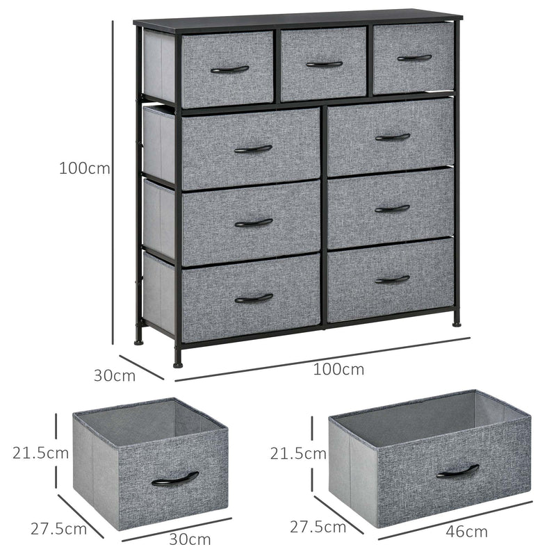 Nine Drawer Storage Dresser With Fabric Bins For Bedroom or Living Room, Grey
