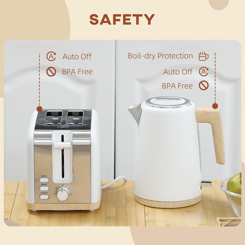 White 1.7L Fast Boil Cordless Kettle and 2 Slice Toaster Set With 7 Browning Levels by HOMCOM