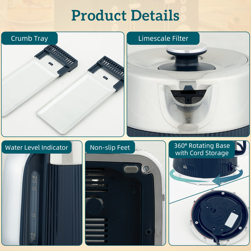 Kettle and Toaster Set for Fast Breakfasts and Hot Drinks Dark Blue and Silver AOSOM