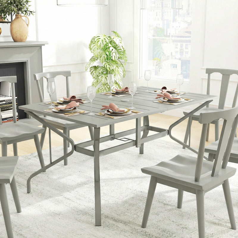 Garden Dining Table for 6 with Parasol Hole and Slatted Top Galvanised Steel Light Grey Outsunny