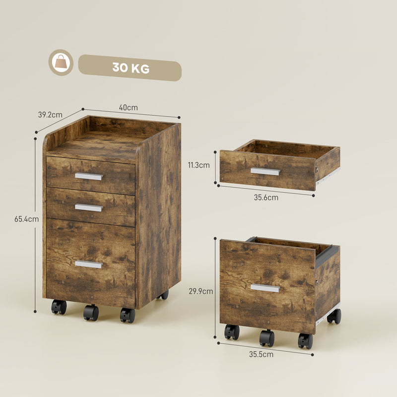 3 Drawer Mobile Filing Cabinet With Hanging File Storage And Edged Top Rustic Brown AOSOM