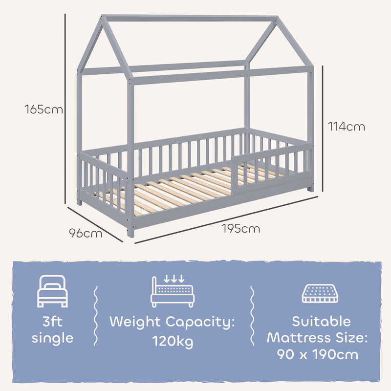 Toddler Bed with House Frame and Guard Rails for Safe and Cosy Sleep Grey