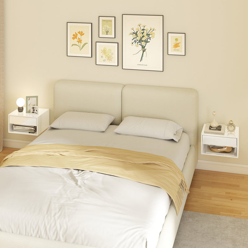 Floating Bedside Tables Set of 2 with Drawer and Shelf for Space Saving Storage High Gloss White AOSOM