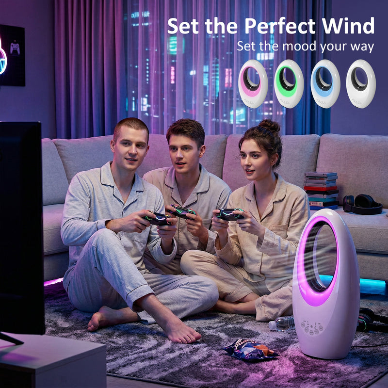 Bladeless Tower Fan for Quiet Safe Cooling with Remote and LED Lights, White