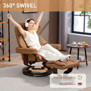 Reclining Swivel Armchair With Footstool And Wooden Base For Lounge Or Office Brown