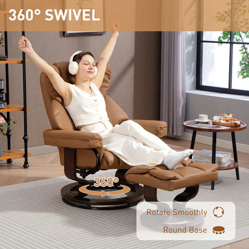 Reclining Swivel Armchair With Footstool And Wooden Base For Lounge Or Office Brown