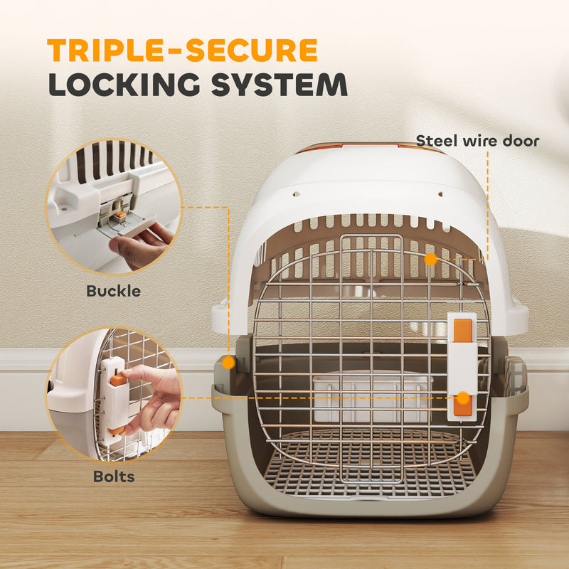 Plastic Pet Carrier with Secure Steel Door and Feeding Bowl for Cats and Small Dogs Grey